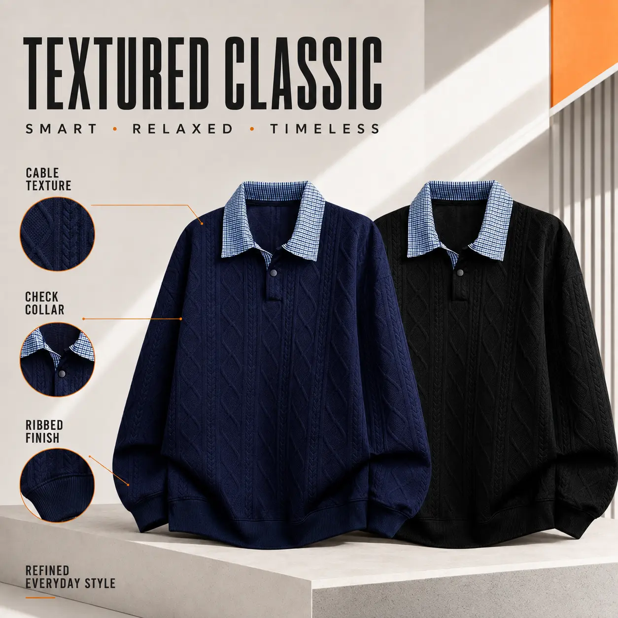 Men's Textured Long Sleeve Polo Sweatshirt Plaid Collar Casual Loose Fit Pullover