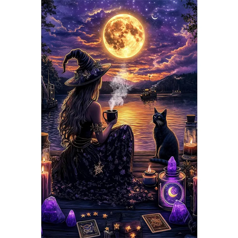 1PC,2D Witch with Black Cat Diamond Painting Kit Magical Moonlit Lake Scene DIY Rhinestone Embroidery Craft for Home Decor Fantasy Art Night Sky Starry Landscape Handmade Gift for Adults and Kids