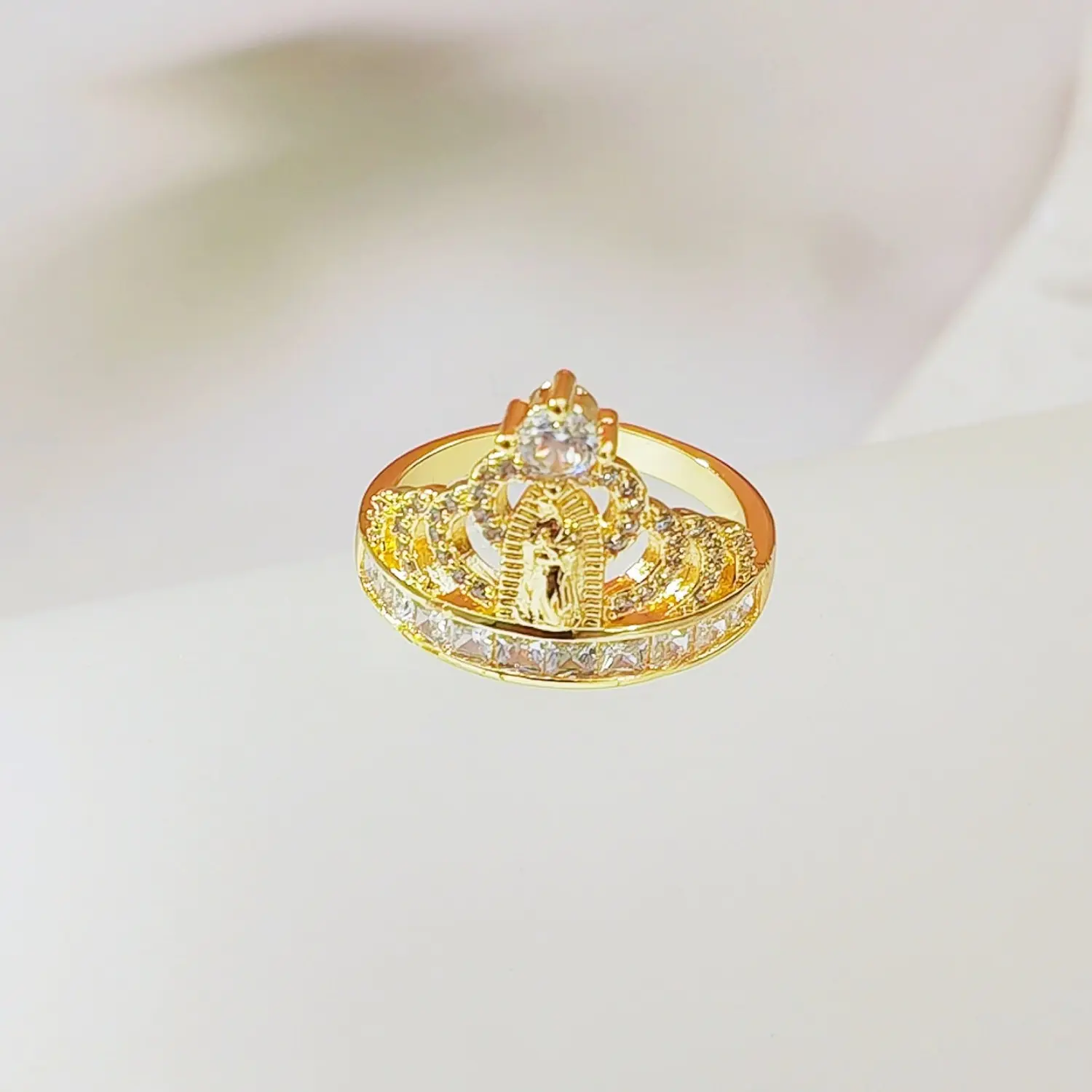 Gold Crown Virgin Mary Ring for Women, 14K Gold Plated Zirconia Band, Religious Guadalupe Crown Ring Jewelry Gift for Wedding Birthday