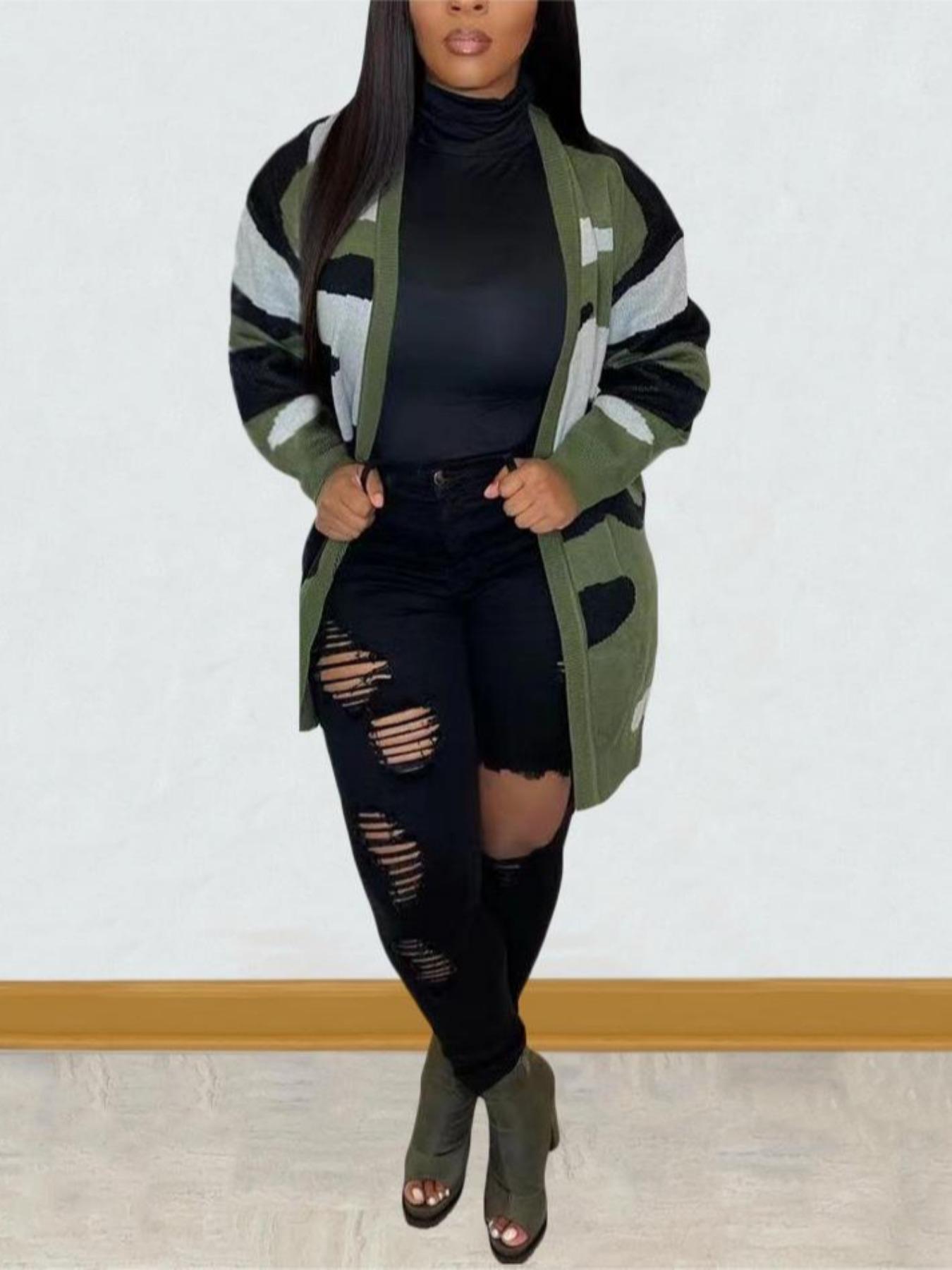 Women's Camo Print Open Front Cardigan, Loose, Casual Long Sleeve Drop Shoulder Knit Outerwear, Ladies Fall & Winter Clothes, Women Fall Outfit, Colorblock Midi Cardigan Sweater