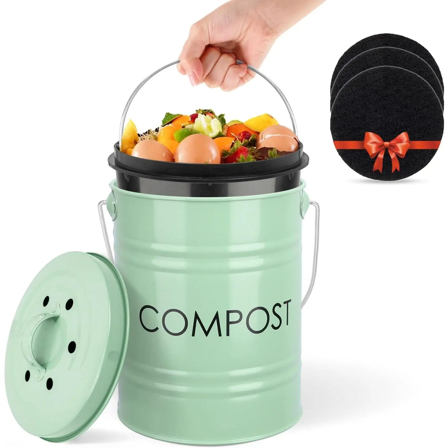 Kitchen Countertop Compost Bin with Lid – Small Compost Container Includes Inner Compost Bucket Liner & Charcoal Filter, Green