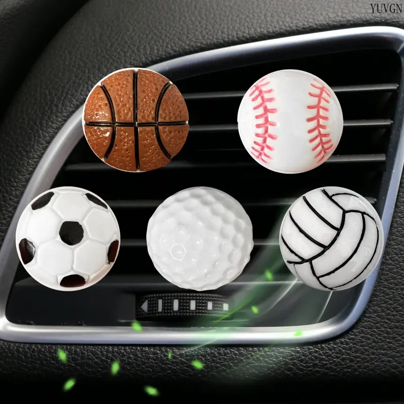 5‑Pack Sports Ball Shaped Car Air Vent Freshener Clips, Soccer Basketball Baseball Golf Volleyball Auto Outlet Ornaments, Sport‑themed Car Interior Decor