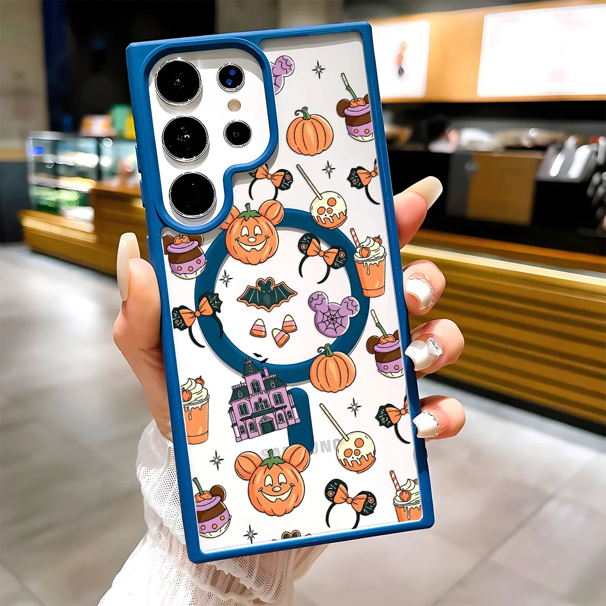 Cute Halloween Pumpkin Clear Magnetic Phone Case, Compatible with MagSafe Silicone Bumper Protective Cover For Samsung S26 S25 S24 S23 S22 Ultra Plus FE, Spooky Sweet Collage