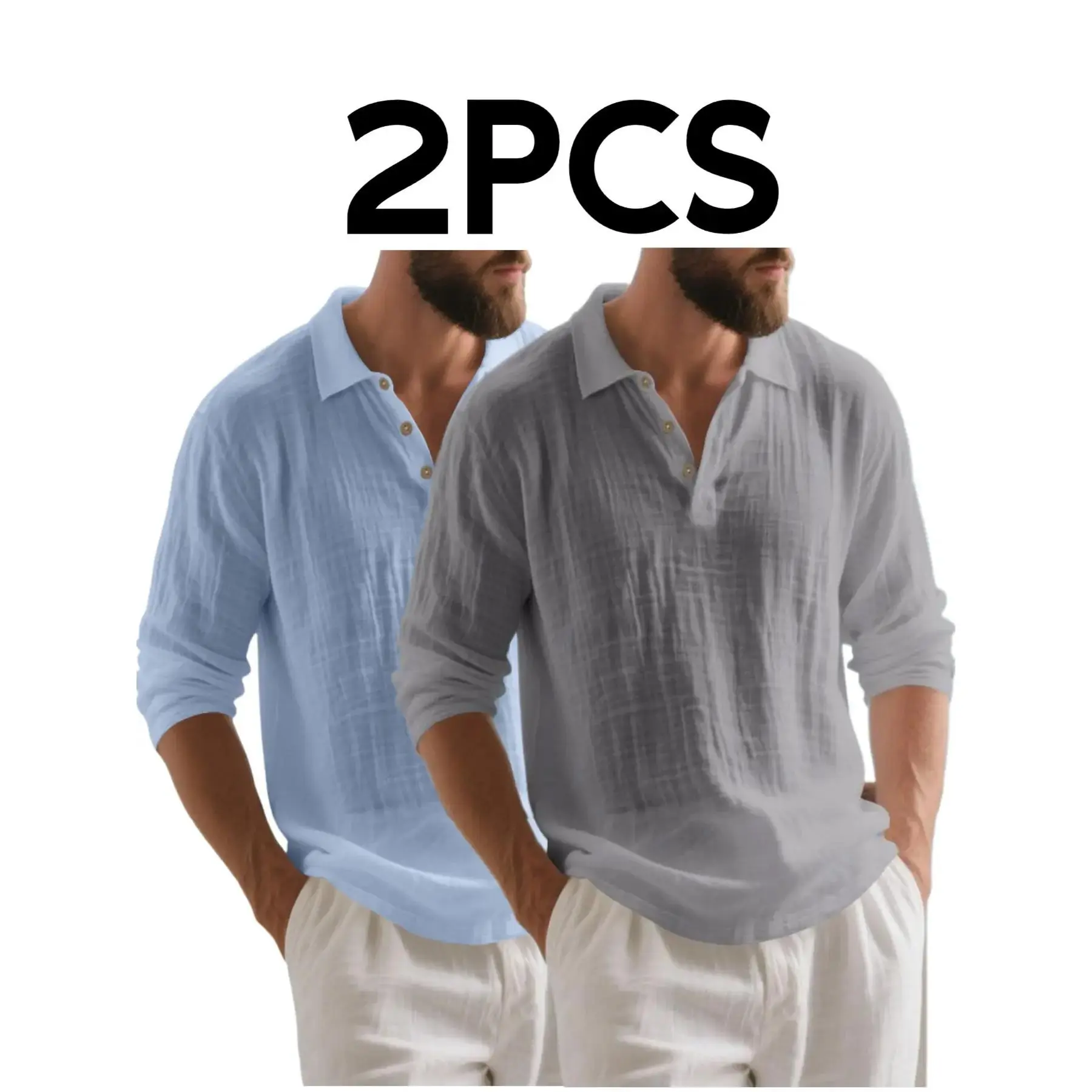 Men's 2-Pack Fitted Linen Polo Shirts, Classic Plain Long Sleeve Button Tops, Breathable Business Casual Wear, Gift Ready