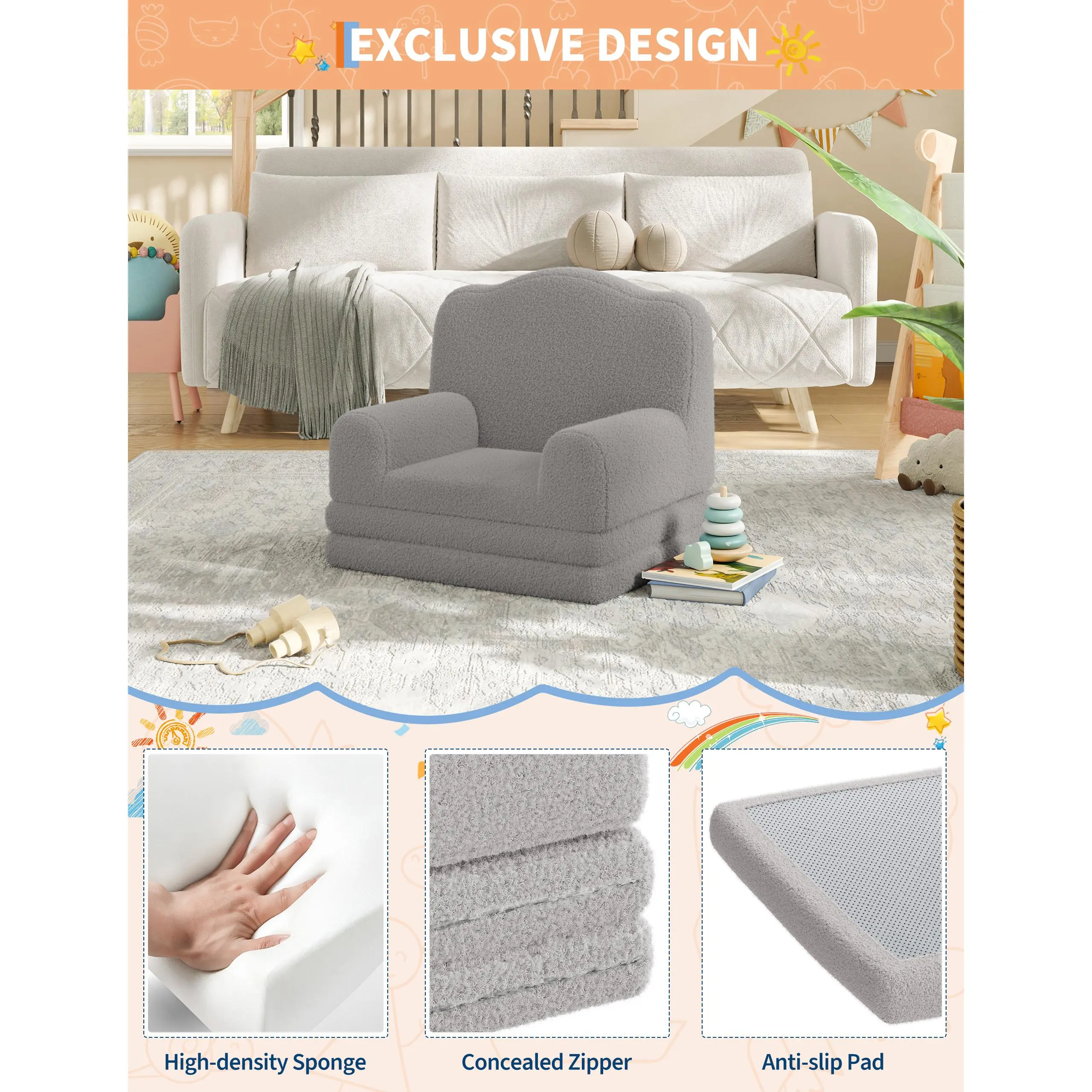 GARVEE 2-in-1 Convertible Kids Sofa Chair - Soft Sherpa & Soft Fleece - Fold Out Couch & Lounger - Comfy Sofa Bed for Playroom & Nursery - Crown Design, Large