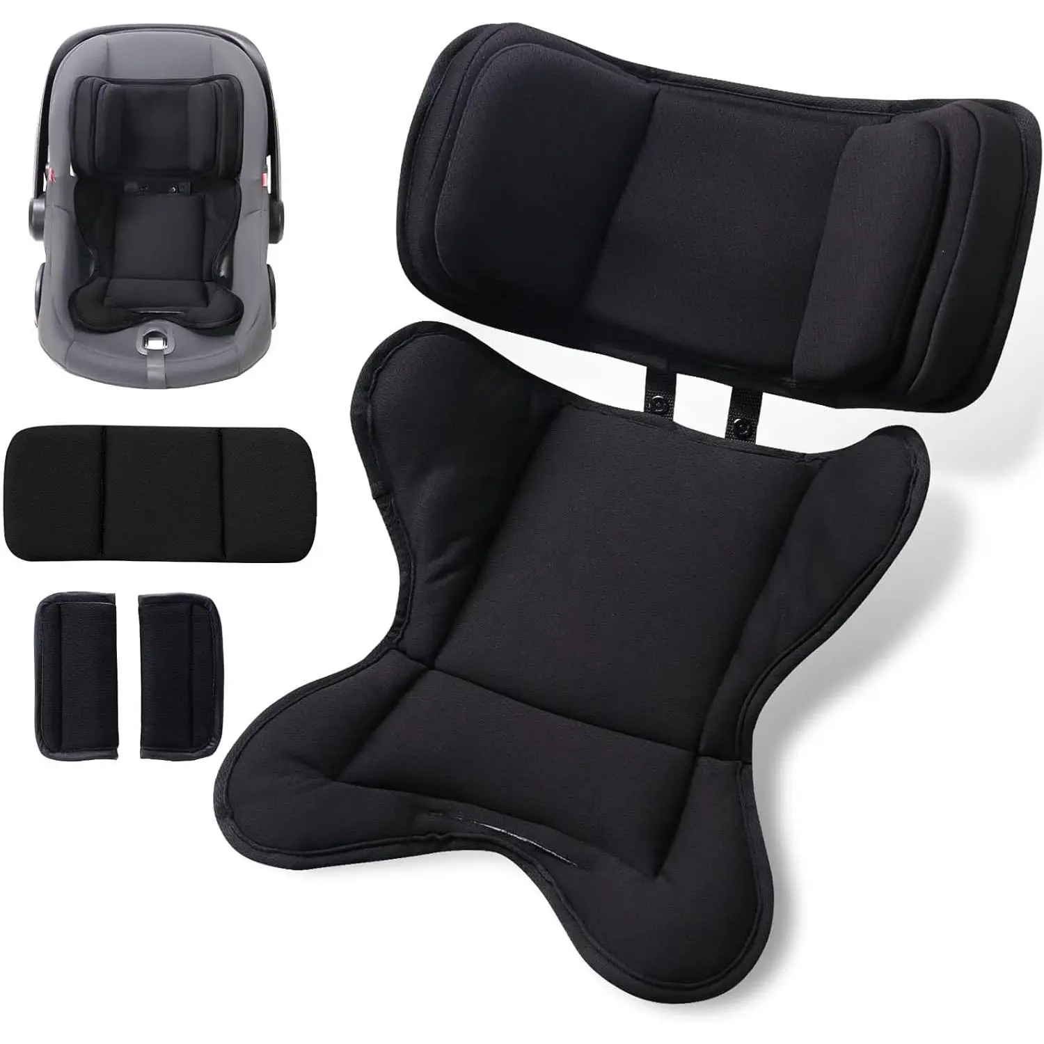 Unisex Solid Adjustable Infant Car Seat & Stroller Cushion - Compatible with Doona, Graco, Britax, Chicco, Evenflo, Supportive Fits Snug Head & Body Support for Newborns to Toddlers (Black)