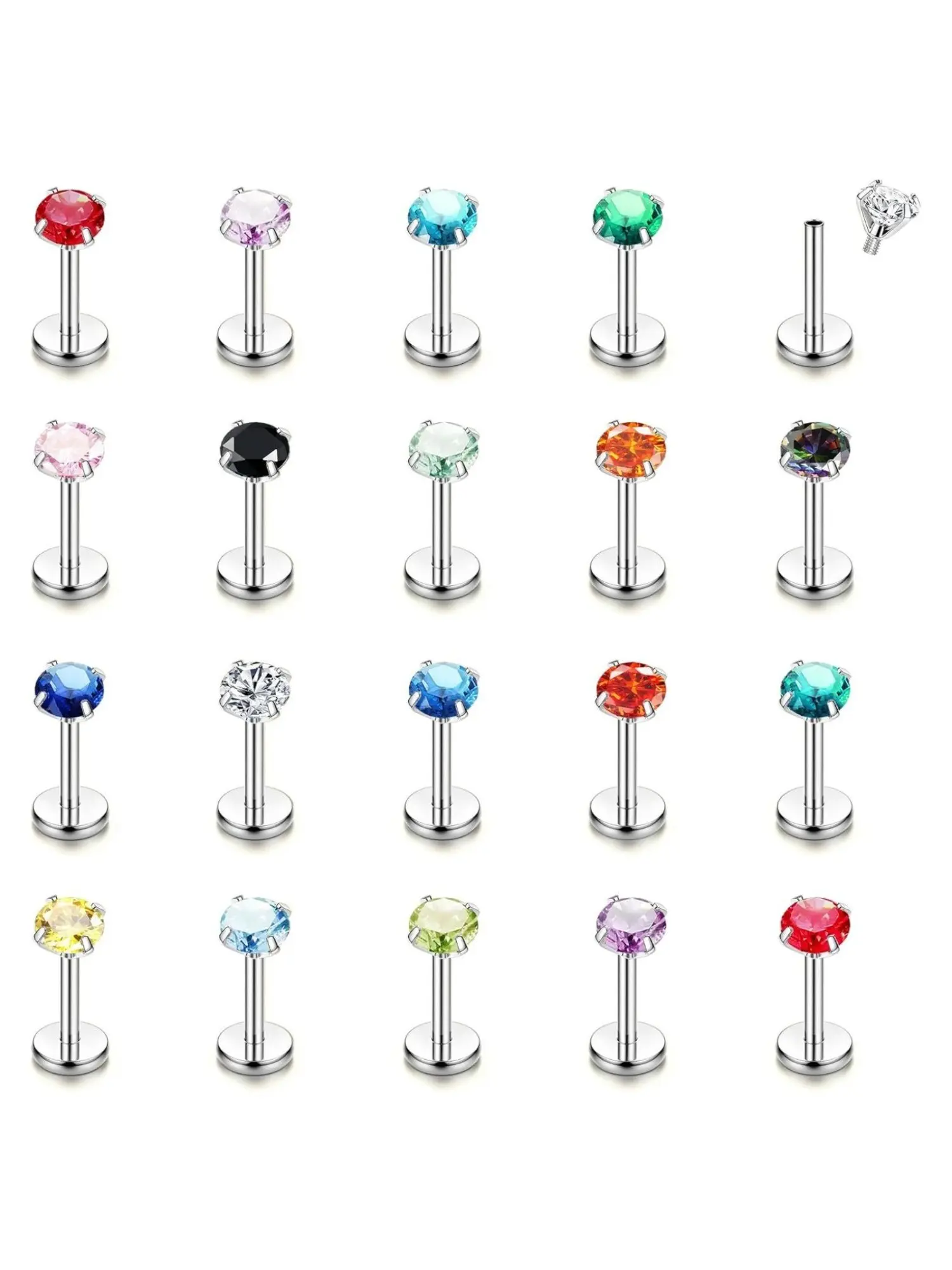 20 Pcs 16G Surgical Steel Labret Piercing with Colorful Zirconia 3MM Labret Studs Piercing Tragus Helix Cartilage Ear Piercing for Women Men Vertical Labret 6/8/10mm Body Piercing Jewelry