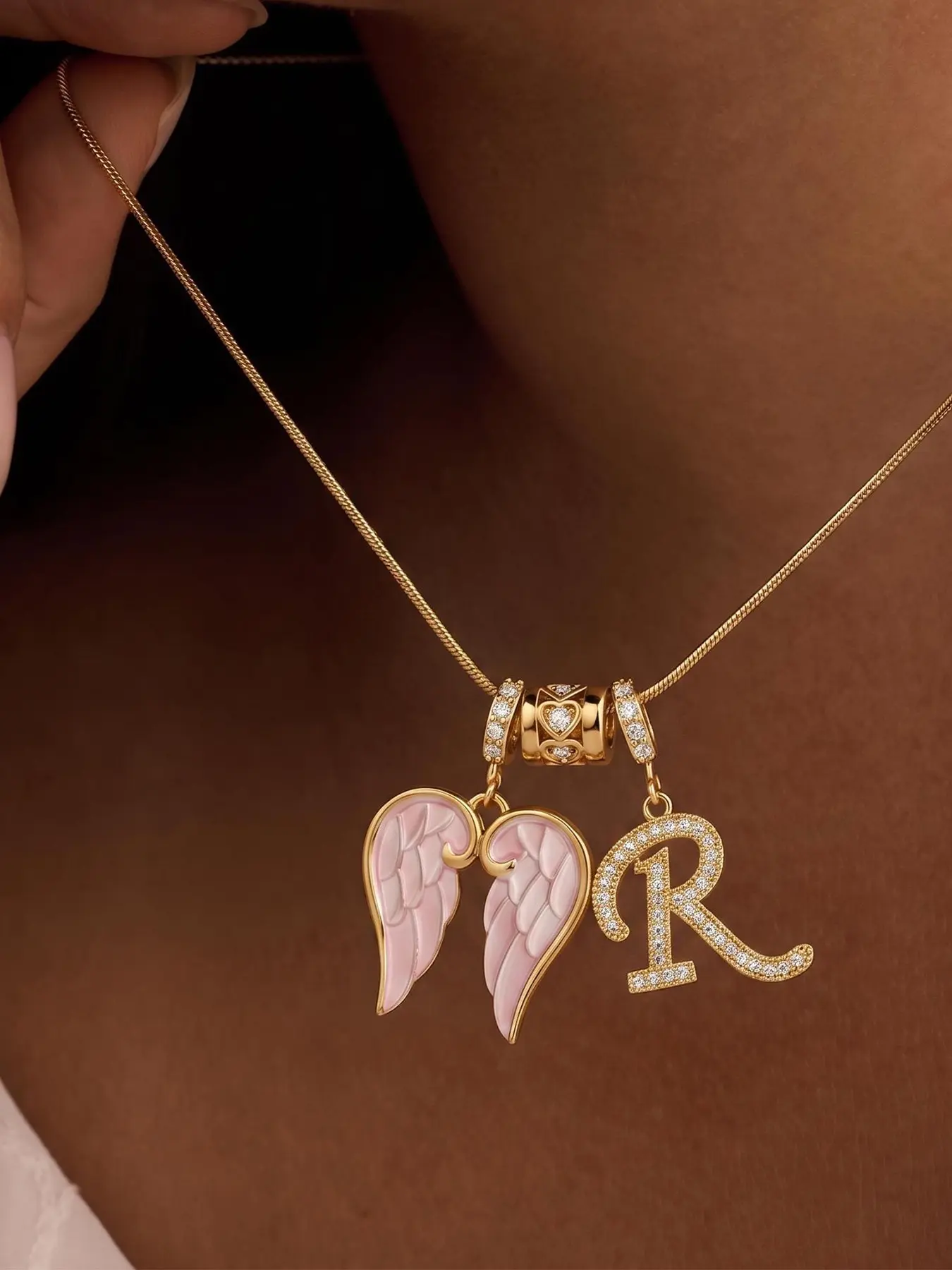 Angel Wing Initial Necklace – Women's Gold Letter Pendant with Pink Wings; Custom Pink Enamel Wing Initial Jewelry; Exquisite Letter Necklace; Sparkling Rhinestone Gift; Suitable for Parties, Keepsakes, Birthdays, and Back-to-School.