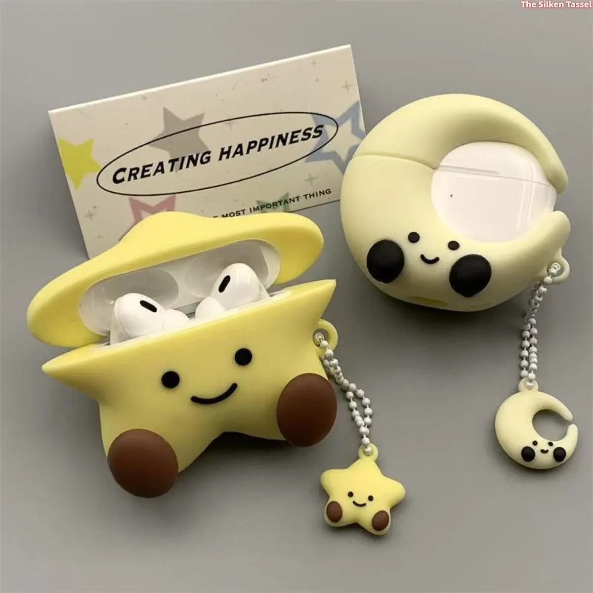 Headset Case, Women's 3D Cartoon Star Moon Shockproof Silicone Shell with Matching Smiley Face Keychain Pendant, Protection, Gift, Soft Shockproof Protection, Accessories, Protective Shell, Cover, Cartoon Smile tiktokshopbacktoschool