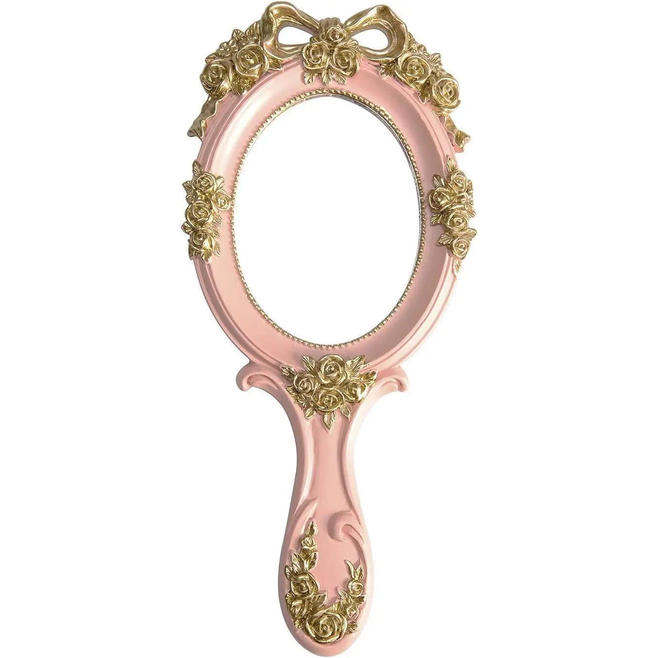 Handheld Mirror Vanity Makeup Mirror Travel Princess Metal Cosmetic Mirror Portable Oval Embossed Rose Mirrors Decorative Desk Girl Student Vintage Beautiful Handle Mirrors Pink-3