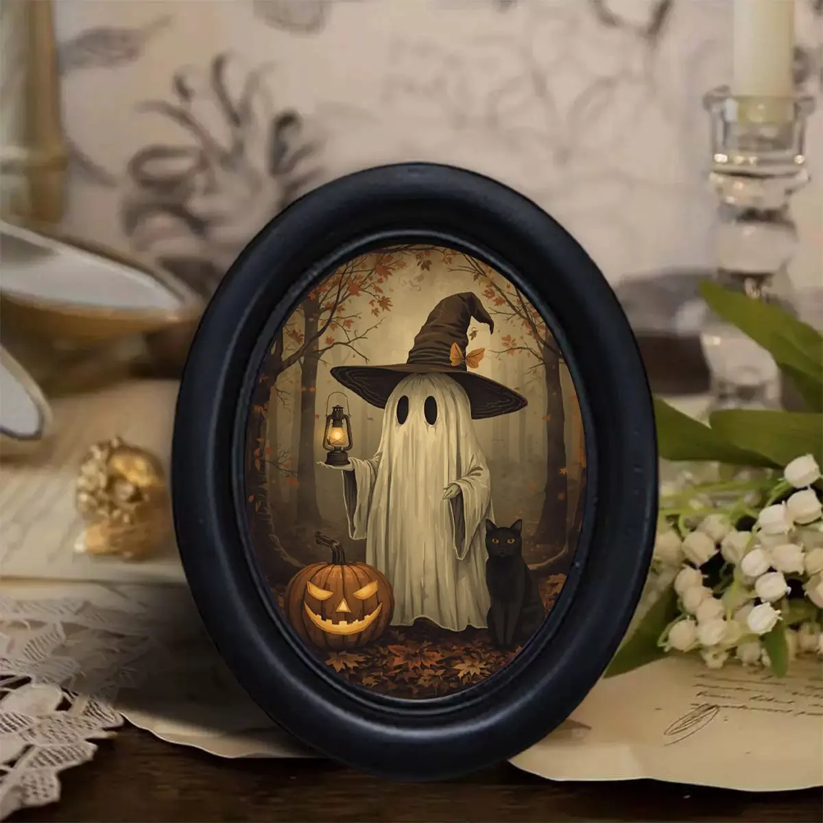 Vintage Forest Halloween Ghost Witch Cat Pumpkin Oval Art Frame, Gothic Wall Decor for Home Office, Perfect for Halloween Christmas Thanksgiving