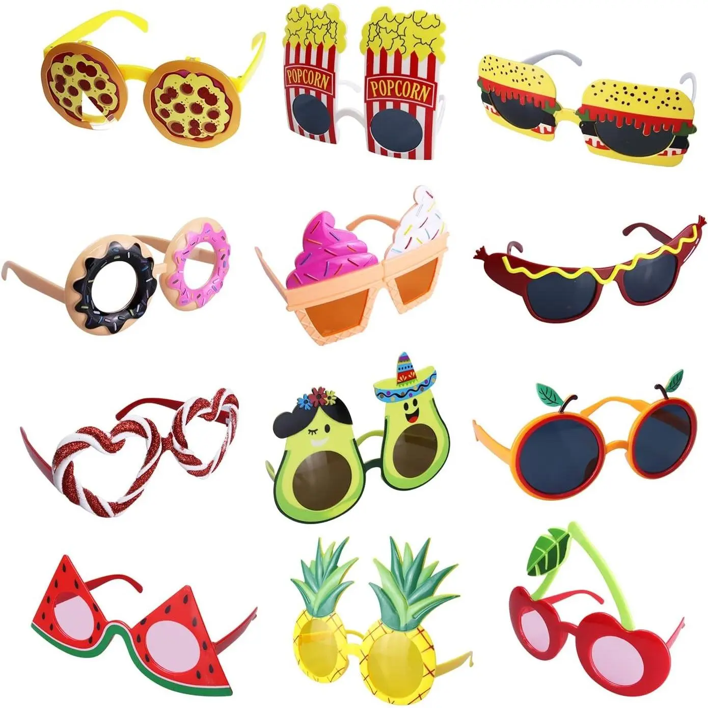 12 Pack Funny Tropical Party Sunglasses - Novelty Donut, Pizza, Ice Cream & Fruit Shaped Glasses, Photo Booth Props for Luau Summer Party SuppliesGift