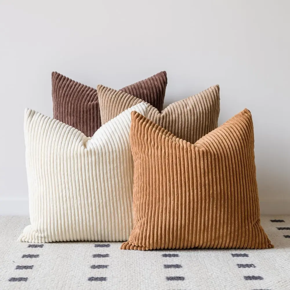 Neutral Brown Soft Corduroy Throw Pillow Covers - 20x20 in, Set of 4, Soft Texture Farmhouse Boho Accent Decor for Living Room, Couch, Bed