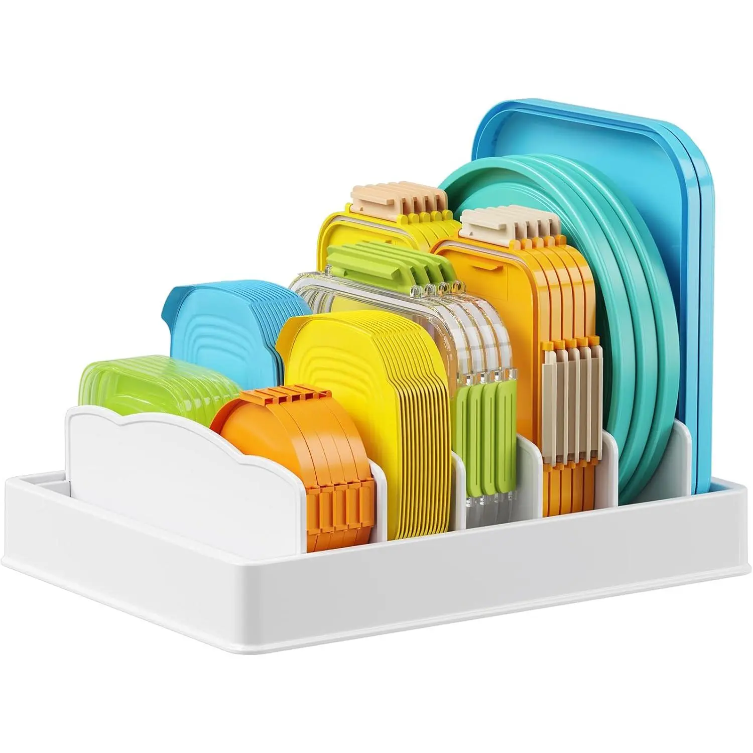 Kitchen Cabinet Organizer for Food Contanier Lid, Lid Holder with 6 Adjustable Dividers & 7 Sections for Pantry Organizers and Storage, Home Drawer Organization, Large, 13" x 10"