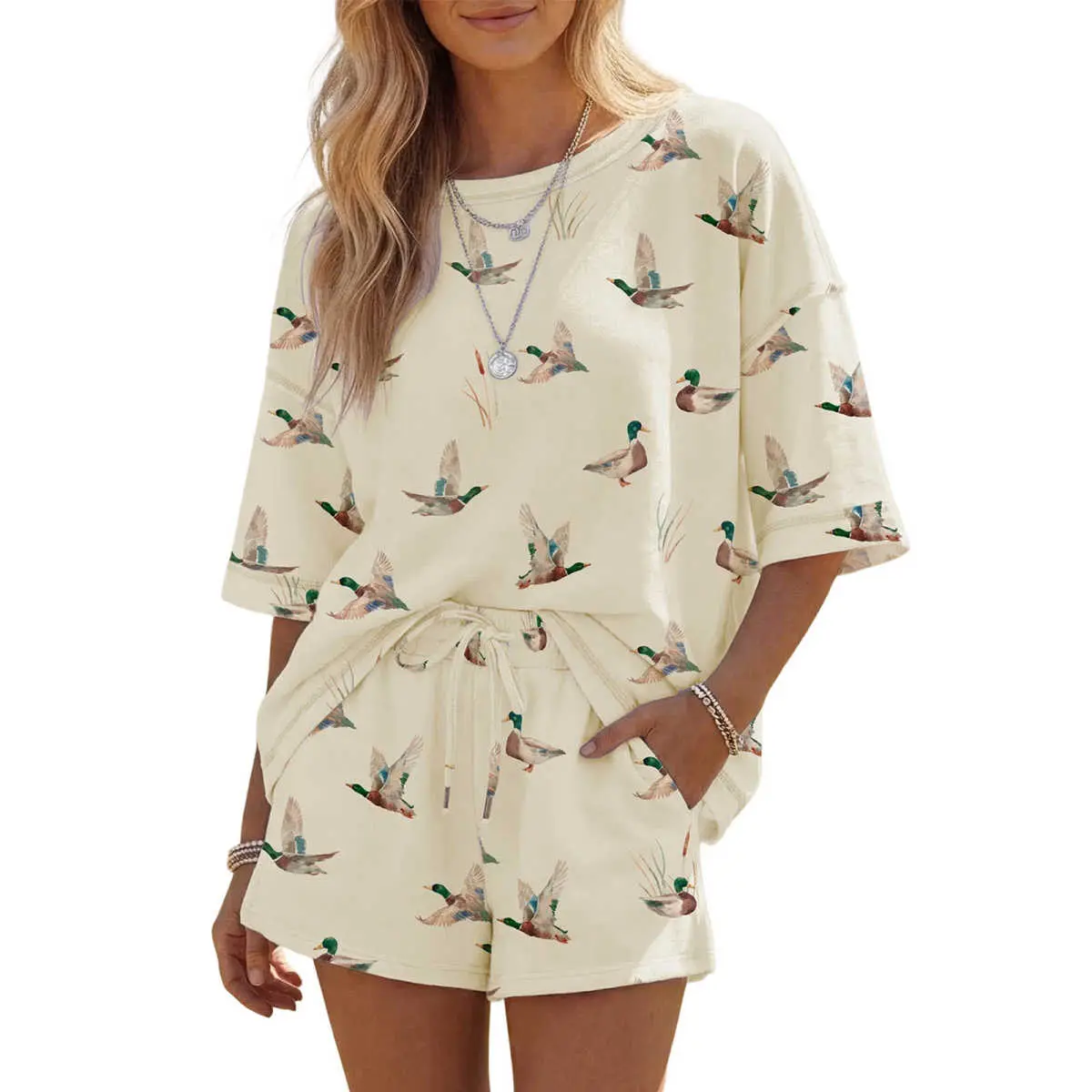 Mallard Duck Print Two Piece Set Women Oversized Crew Neck Tee Drawstring Pocket Shorts Casual Summer Loungewear Outfit