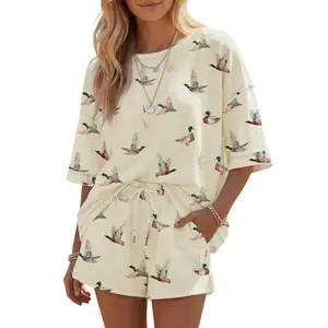 Beige Mallard Duck Print Oversized Tee Drawstring Short Set  cute summer outfit  match lounge set
