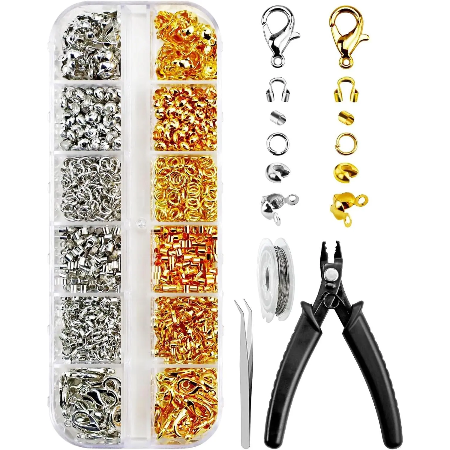 1200 count Crimp Beads Kit for  Making, Including Crimp Beads, Covers, Tubes, Wire Guardians, Lobster Clasps, Jump Rings, Crimping Pliers and Beading Wire