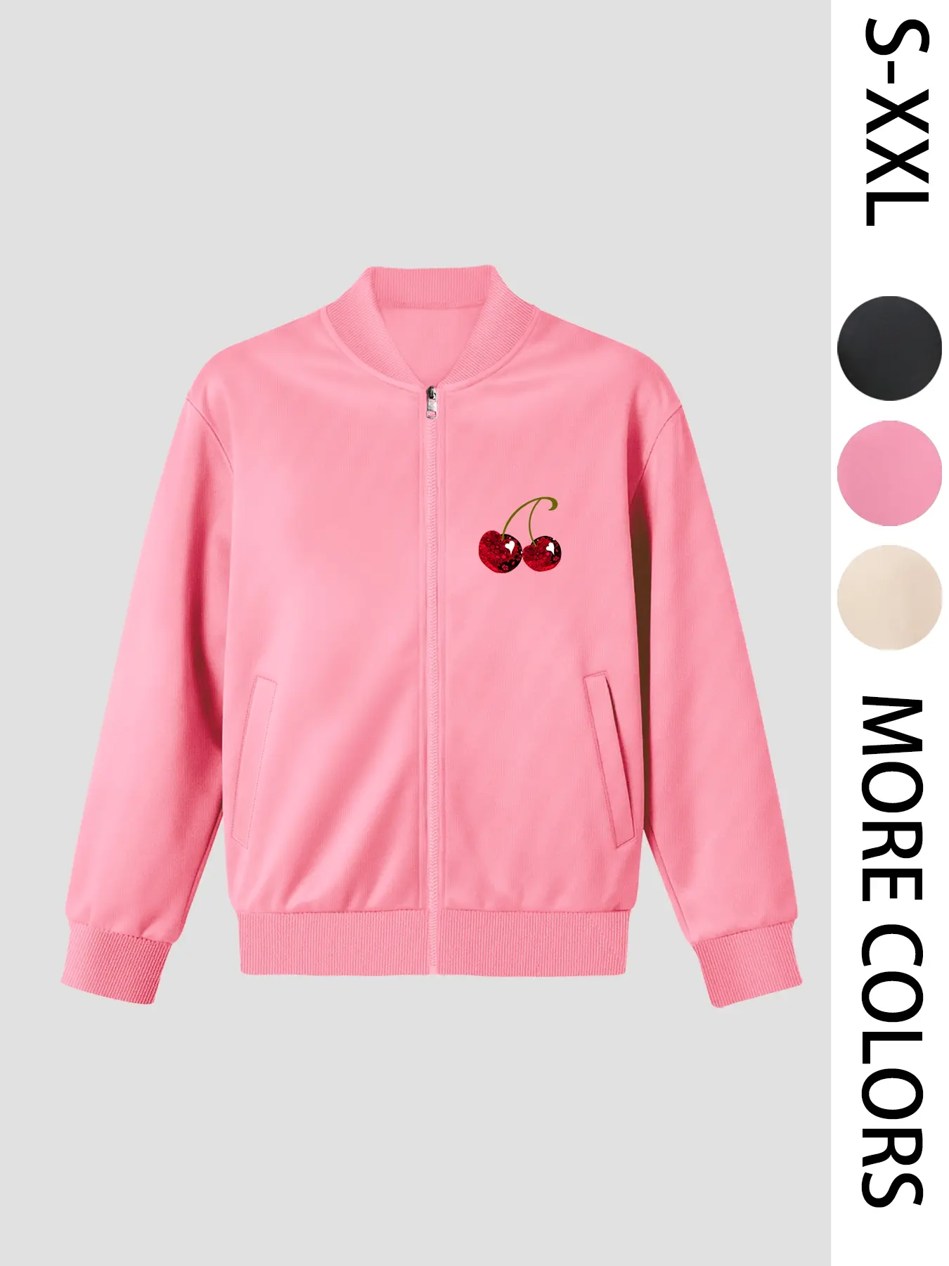 Women's Red Shiny Cherry Printed Zip-Up Long-Sleeve Jacket, 4-Season Casual Long-Sleeve Bomber Jacket, Stylish Outerwear for Daily Wear & Outdoor Activities, Layered Style
