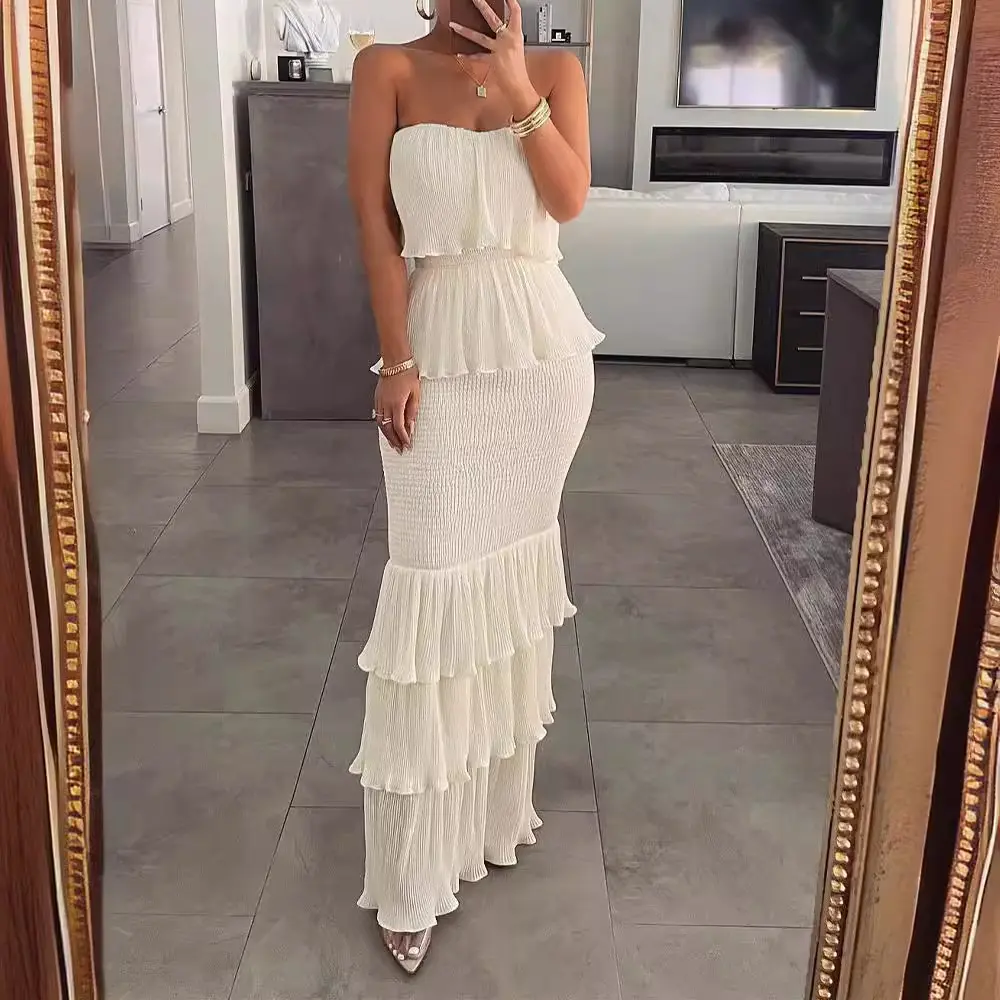 Fashionable and sexy women's dress, solid color sleeveless strapless ruched pleated ruffle long dress