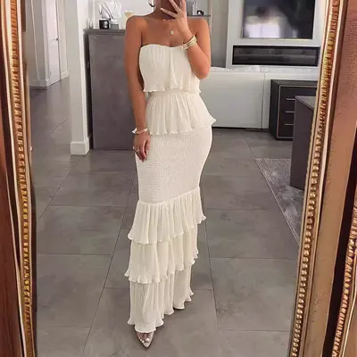winslet white satin sheer hem strapless maxi dress Lulus Winslet Satin Sheer Hem Strapless Maxi Dress in Natural