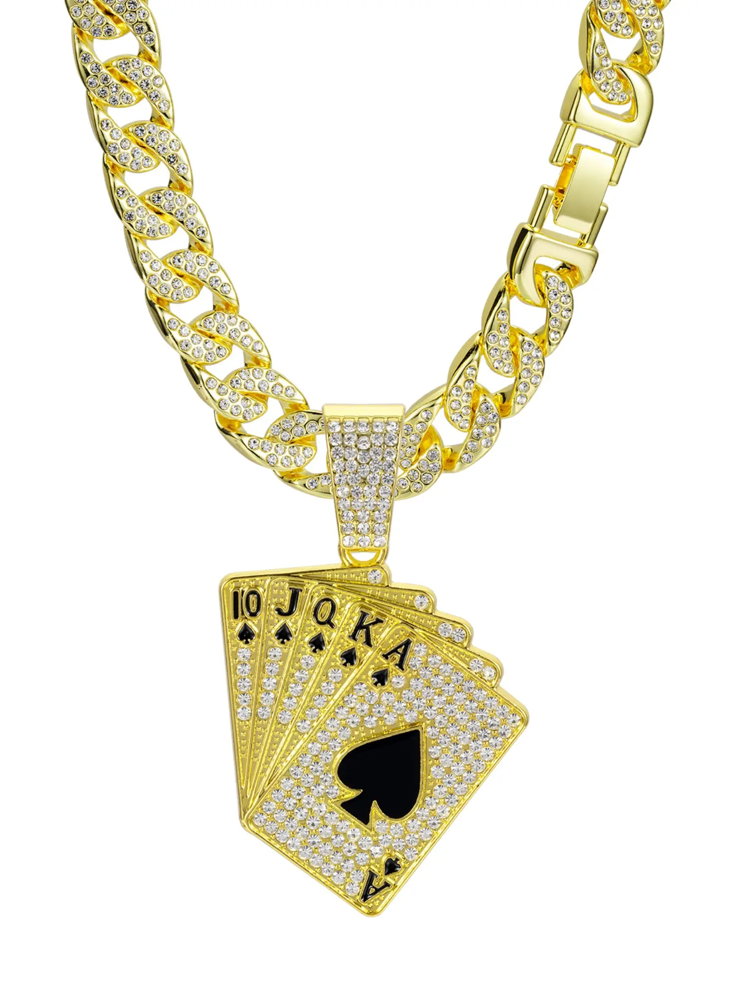 Royal Flush Poker Rhinestone Pendant, Diamante Cuban Chain, Men's Hip Hop Lucky Necklace, Stylish Jewelry Accessory