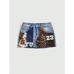 Women's Retro Punk Rock Festival Leopard Print Patchwork Denim Mini Skirt, Super Low Waist