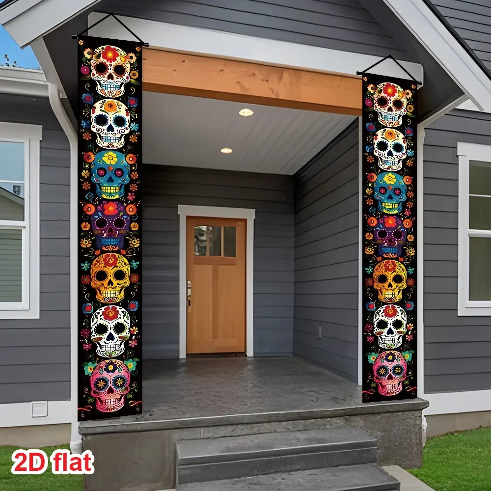 Halloween Skeleton Banner Set, 2-Piece Sugar Skull Decorative Flags, Mexican Style Door Hanging Banners, Indoor Outdoor Decoration