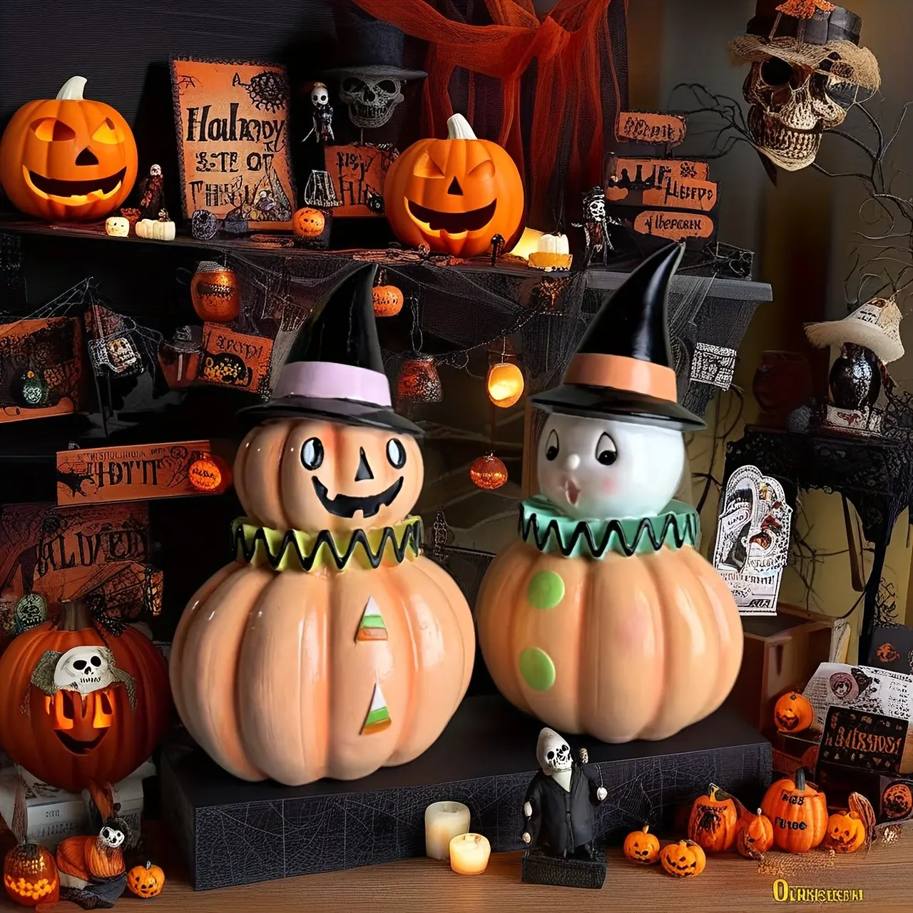 Vintage Halloween Pumpkin Ghost Figurine Decor, Resin Decor, Cute Retro Witch Hat Pumpkin Clown Statue for Indoor Home Room Tabletop Aesthetic, 7.5 Inch Cottagecore Spooky Season Table Centerpiece
