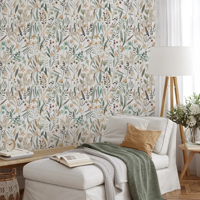 1 Roll  17.72 x 78.74 Inches watercolor fern floral peel and stick removable wallpaper, wall renovation decor for nursery bedroom kitchen bathroom living room office