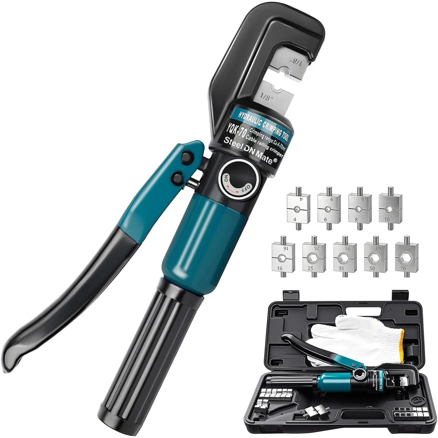 Hydraulic crimping tool for 1/8"-3/16" cable railing kits, 10-ton crimper| 9 hardened dies, one-hand operation, hydraulic crimping pliers, used for cable railing hardware, wire and battery cable crimping, suitable for 12-2/0 AWG specifications, model DC01