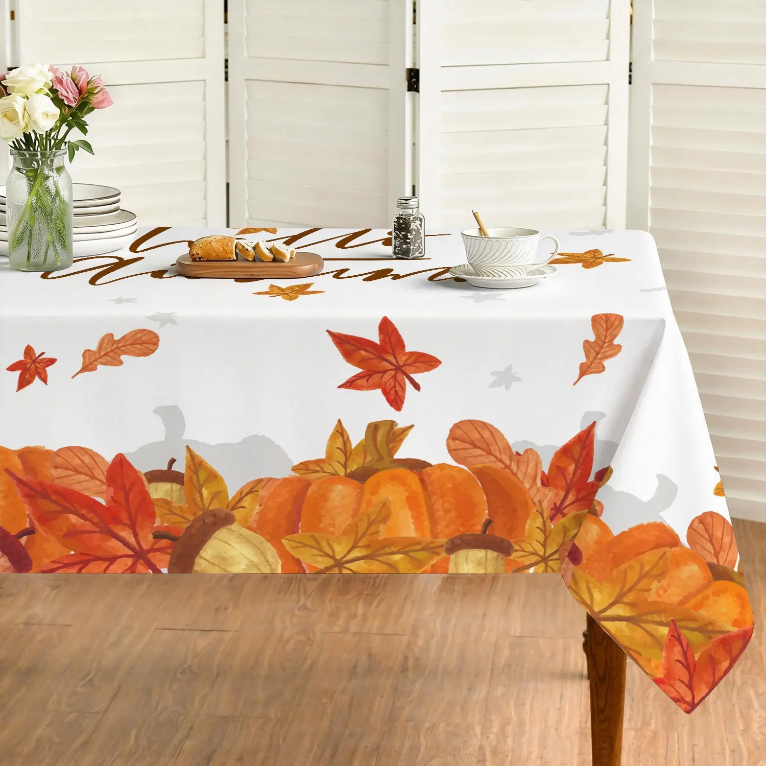 Autumn Thanksgiving Harvest Polyester Tablecloth, Washable Pumpkin Maple Leaf Winter Dining Tablecloth, Home Kitchen Decor, Festival Decoration (1pc)