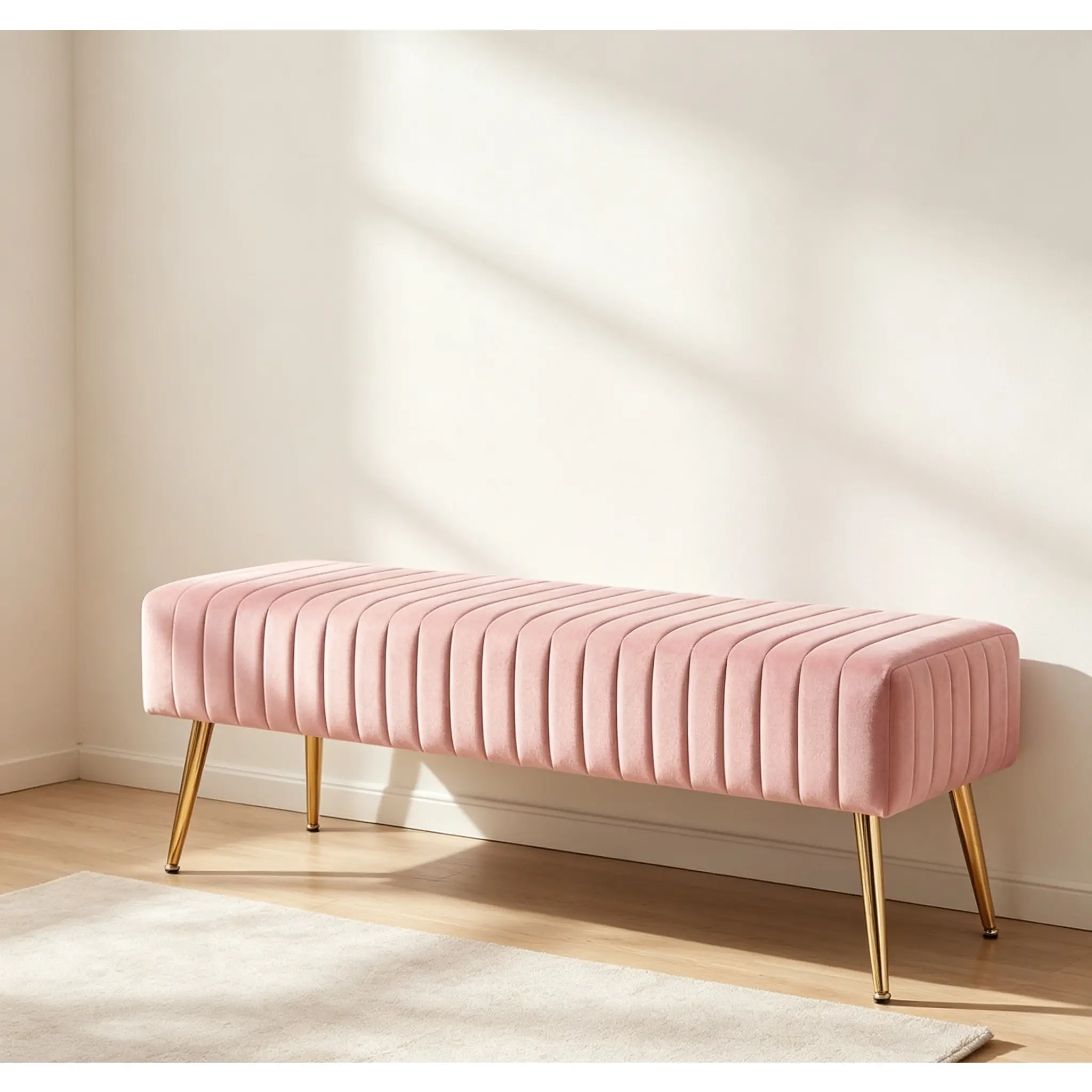 44.75-inch pink end-of-bed bench, modern tufted velvet stool with golden legs, upholstered vanity bench, light luxury entryway long bench, suitable for decorative use in living rooms, bedrooms and hallways