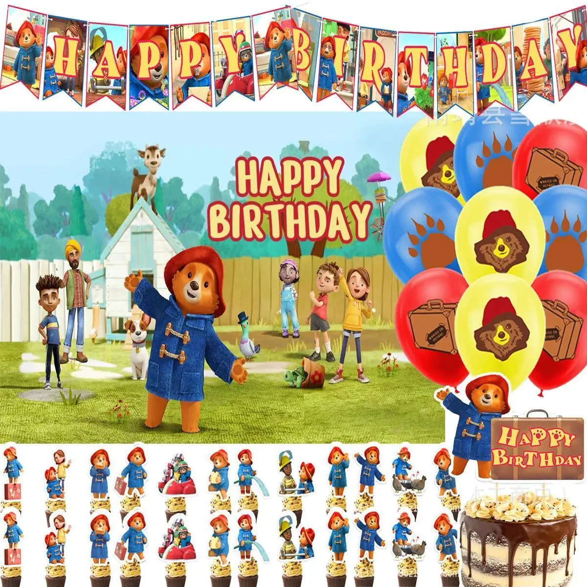 Cute-Paddingtoned Birthday Party Supplies Decor Balloon Banner Cartoon Adventures&Bears Background Cupcake Topper Kids Baby Gift