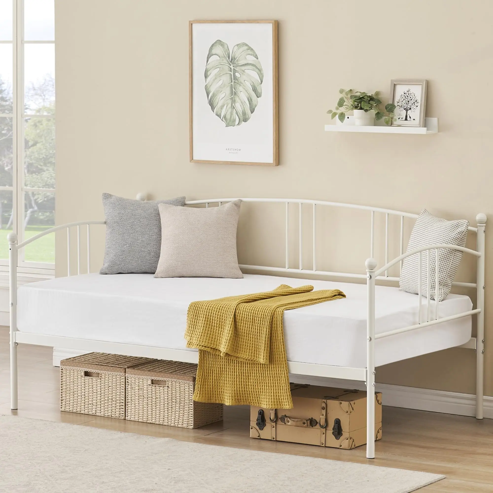 Space-Saving Metal Daybed - Sturdy Steel Slat Support - No Box Spring Needed - Sofa Bed for Kids, Teens, Adults - Fits Bedroom, Living, Guest Room - White