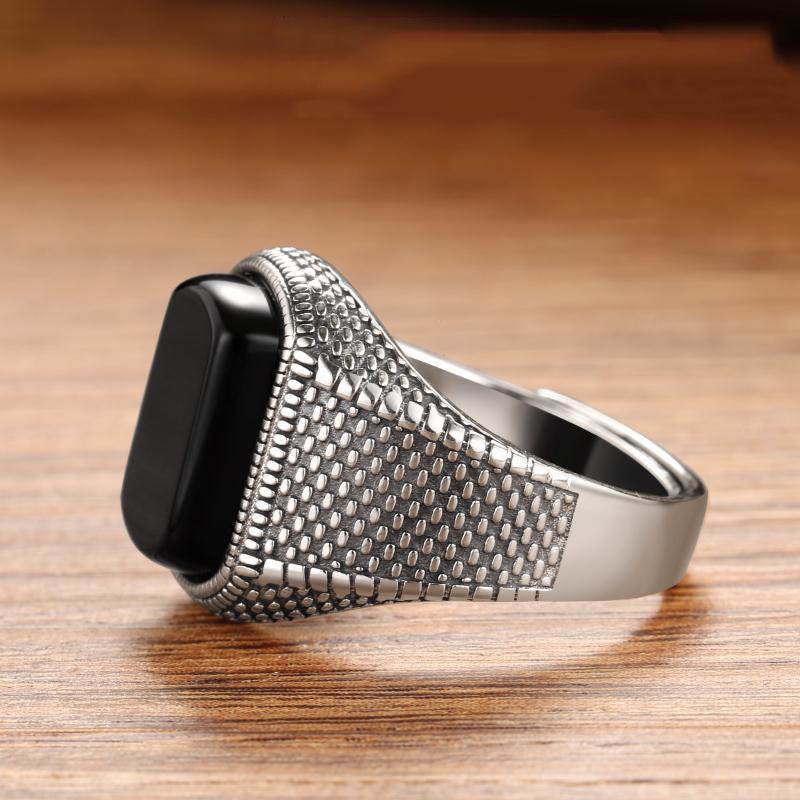 New silver advanced creative geometric diamond inlaid black agate gemstone men's lady domineering exaggerated adjustable ring