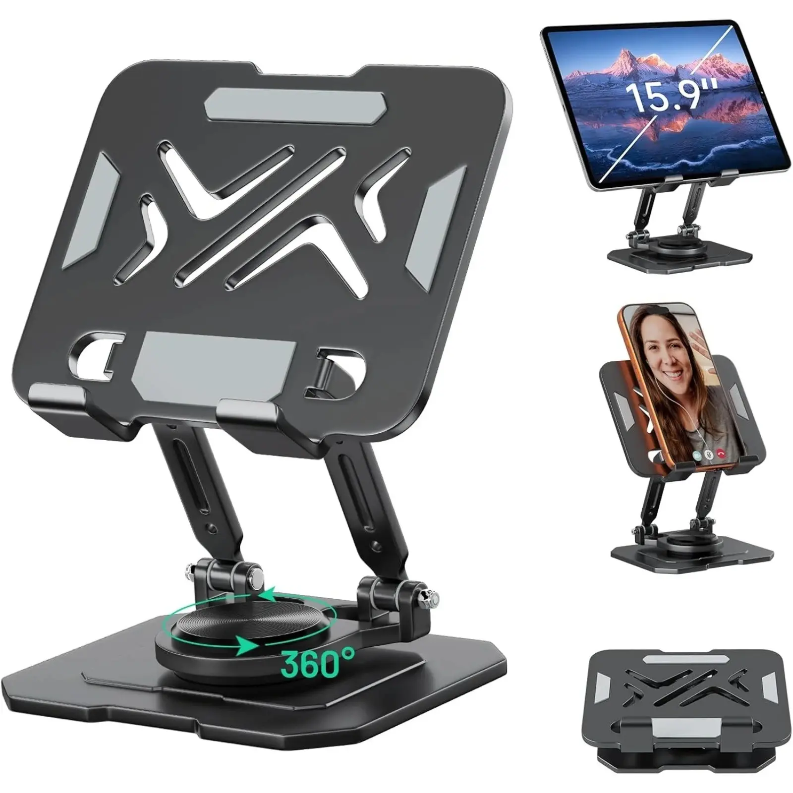 Tablet Stand Holder with 360° Rotating Base, Dual Rod Adjustable Stand for 5.8-12.9” iPad, Samsung Phone, Tablet, Thickened Design