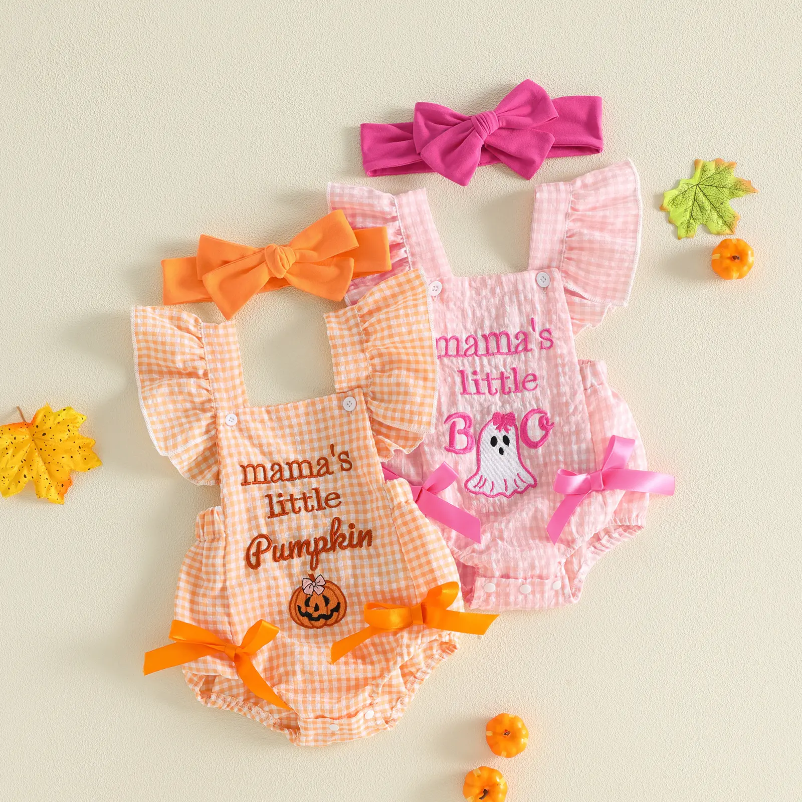 [Lullaby] Baby Girl Halloween Romper Set, Cotton Blend Plaid Print Jumpsuit with Embroidery (Pumpkin/Ghost), Flying Sleeves, Square Neck, Bow Headband - Prop 65 Safe Baby Girl Clothing