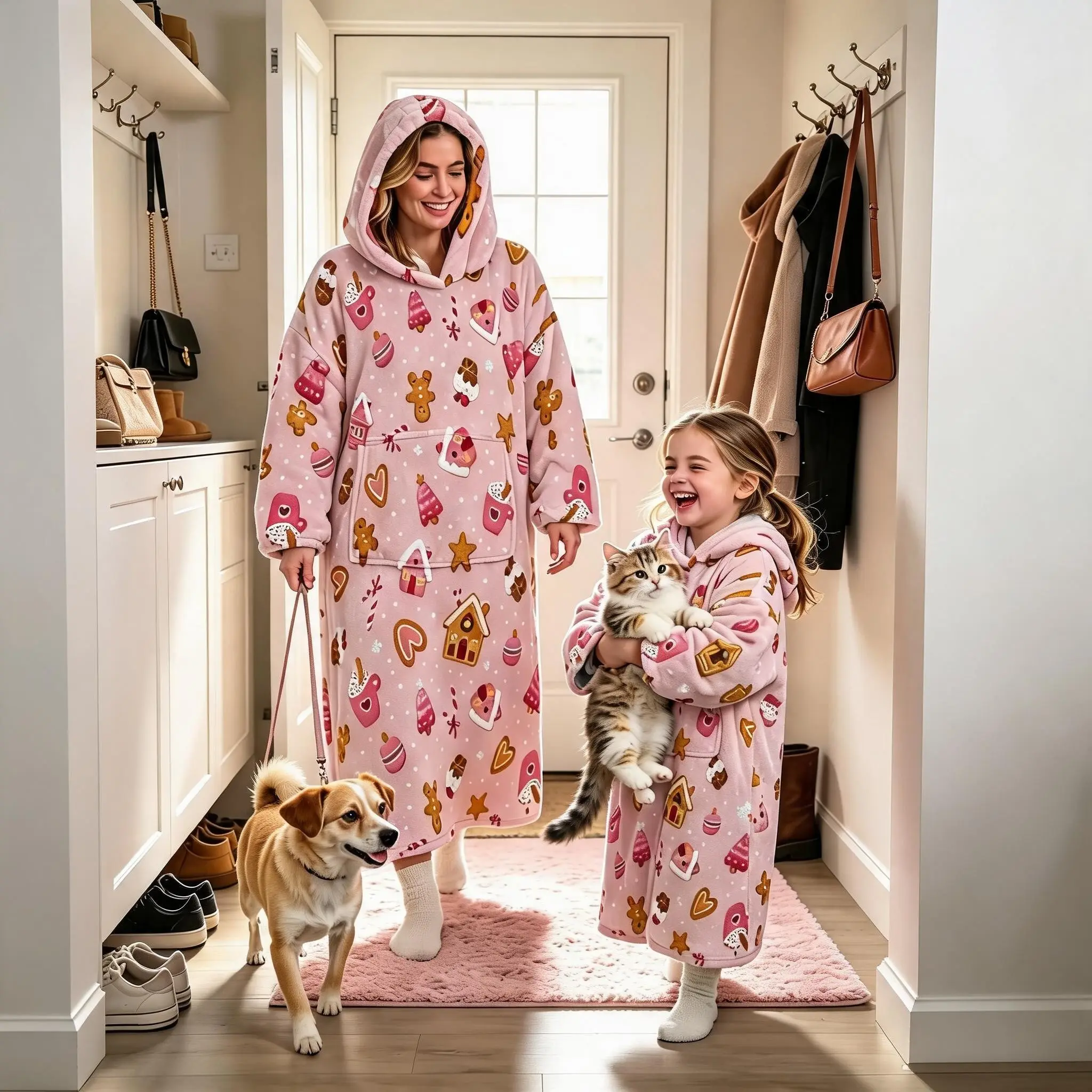 Gingerbread Man Hooded Wearable Blanket, Sweet Girl Style Christmas Cookie Print Flannel Lazy Blanket, Soft Cute Design, Practical Pockets, Winter Home, Gift Idea