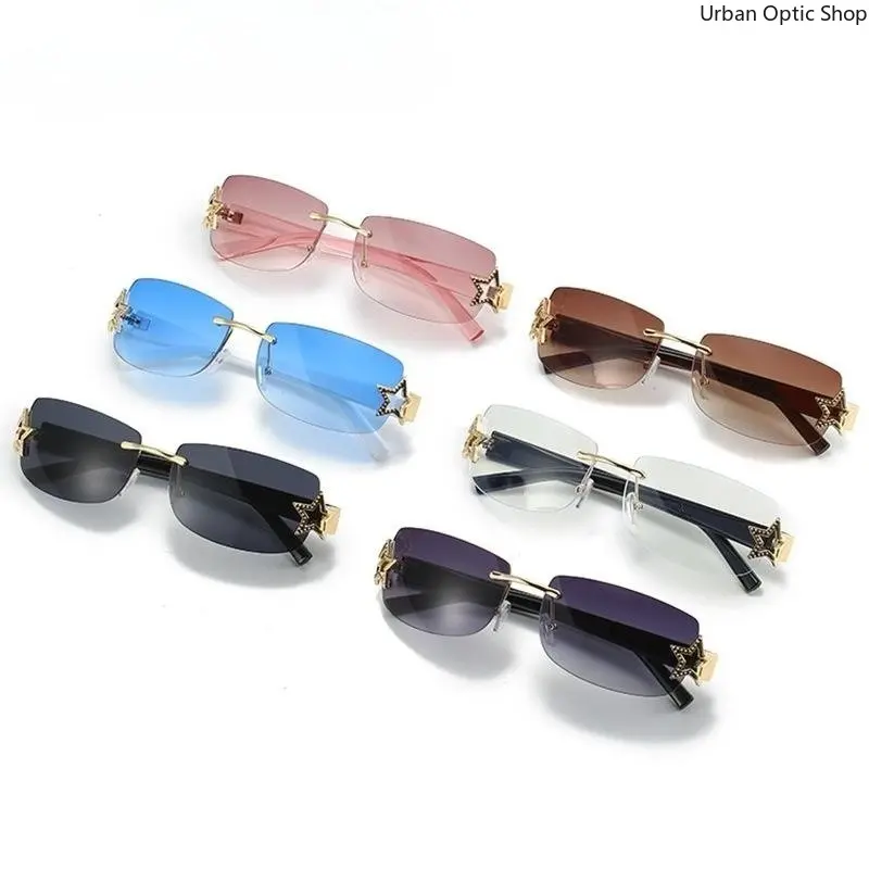 XUH Women's Y2K Retro Rimless Rectangle Sunglasses, Hollow Gold Star Decor Temples Gradient Blue Tinted Lenses, UV400 Lightweight Chic Fashion Eyewear for Daily Street Style, Party, Beach Vacation, Music Festivals & Outdoor Activities