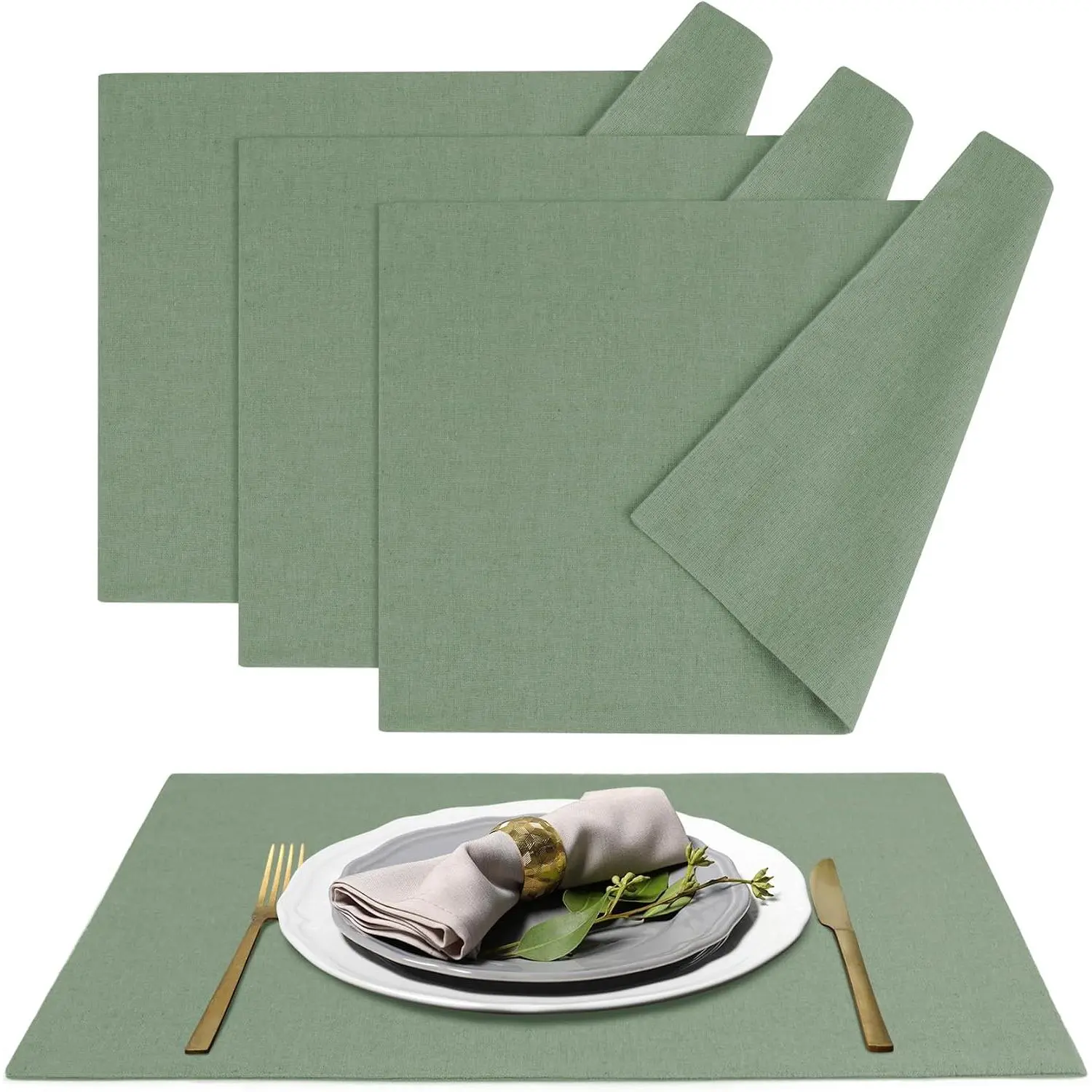 Sage Green Solid Reversible Rectangle Cotton Modern Tableware Placemats (Set of 4) - Sturdy Wood, Lightweight Stylish Vintage, Thick Faux Linen, Washable Wrinkle-Free Oeko-Tex Certified Reusable Tabletop Protectors - 13x19 in Indoor Dining Farmhouse Mats,