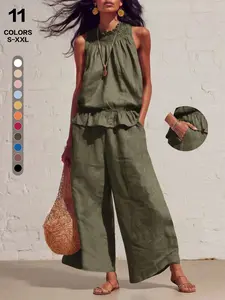 Summer Casual Two-Piece Set, Sleeveless Top & Wide Leg Pants, Pocket Design, Ideal for Beach Trips, Daily Commute, Date Afternoon Tea