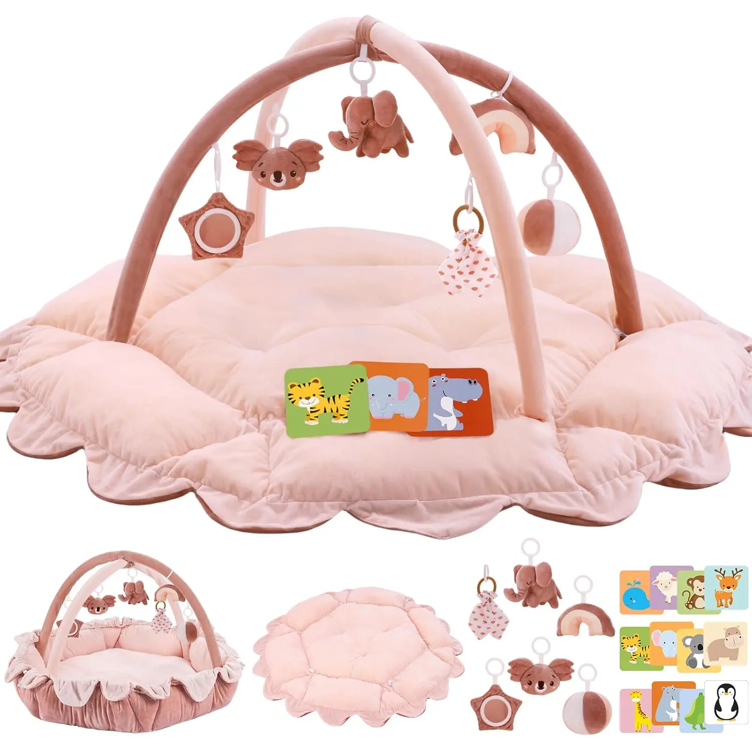 5-in-1 Plush Baby Play Gym, Activity Mat with Convertible Gym, Baby Gym 6 Sensory Toys, Play Center  Newborn to Toddler, Pink