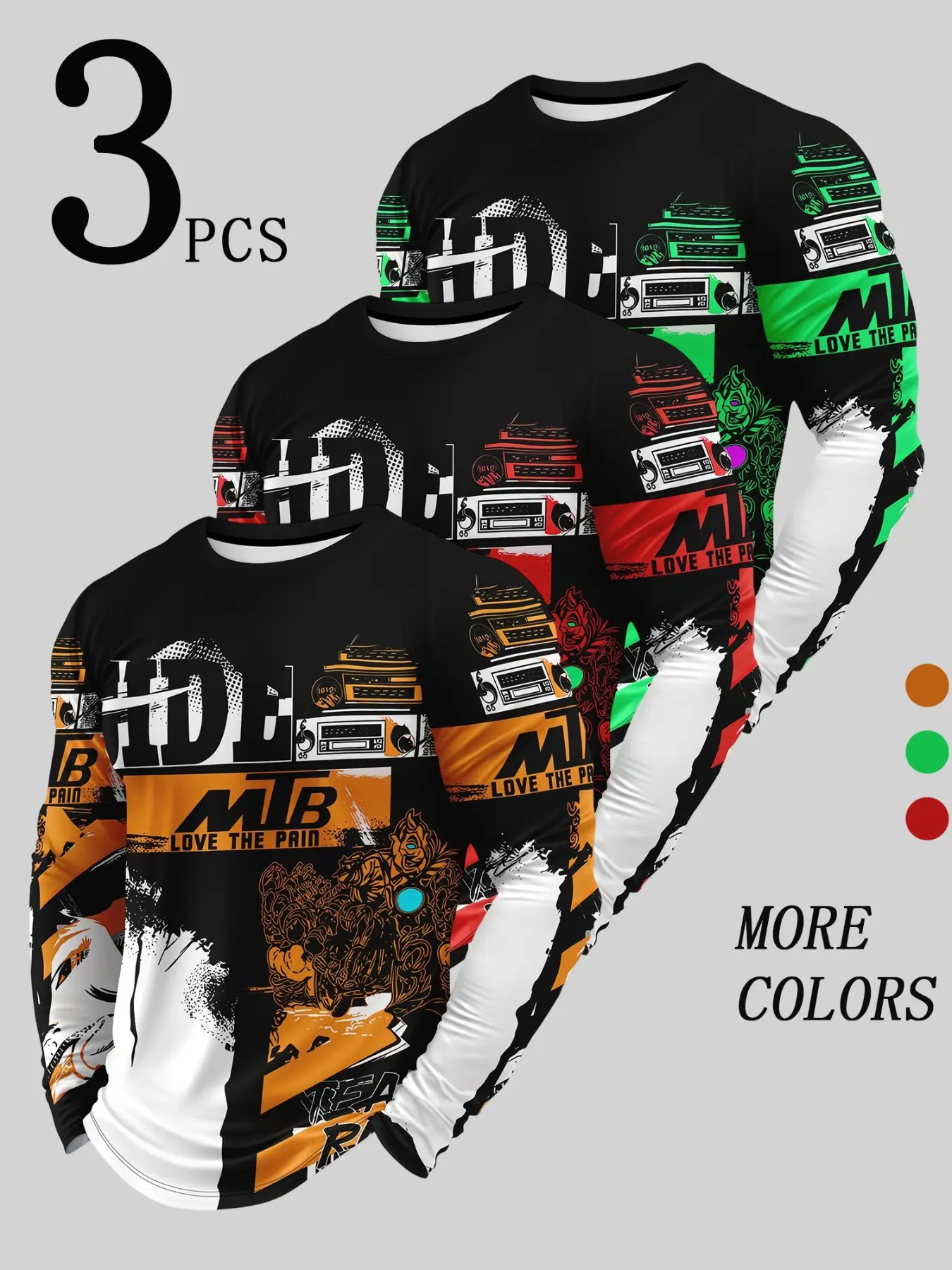3-Pack Men's Sporty Cycling Shirts, Cycling Sports Wear, Round Neck Long Sleeve T-Shirts, Soft Knit Fabric, Washable, Printed Patterns, Ideal for Outdoor Activities