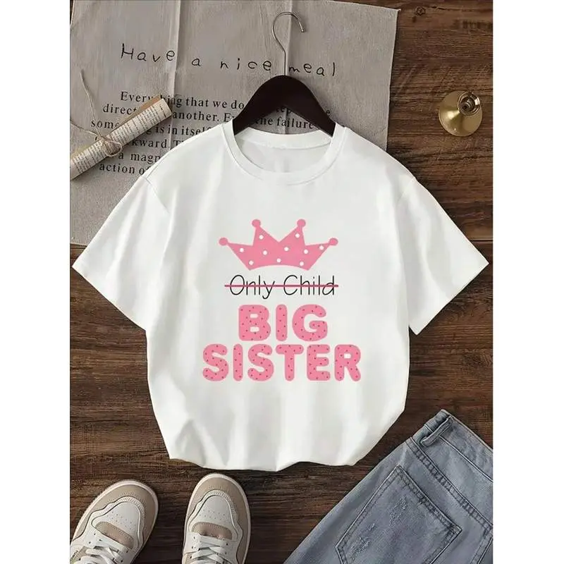 Big Sister Graphic T-Shirt 1pc Casual Cotton T-Shirt With Crown & Polka Dot Print Crew Neck, Short Sleeve, Knit Fabric, Medium Stretch For Sports & Outdoor Activities, Summer Top For