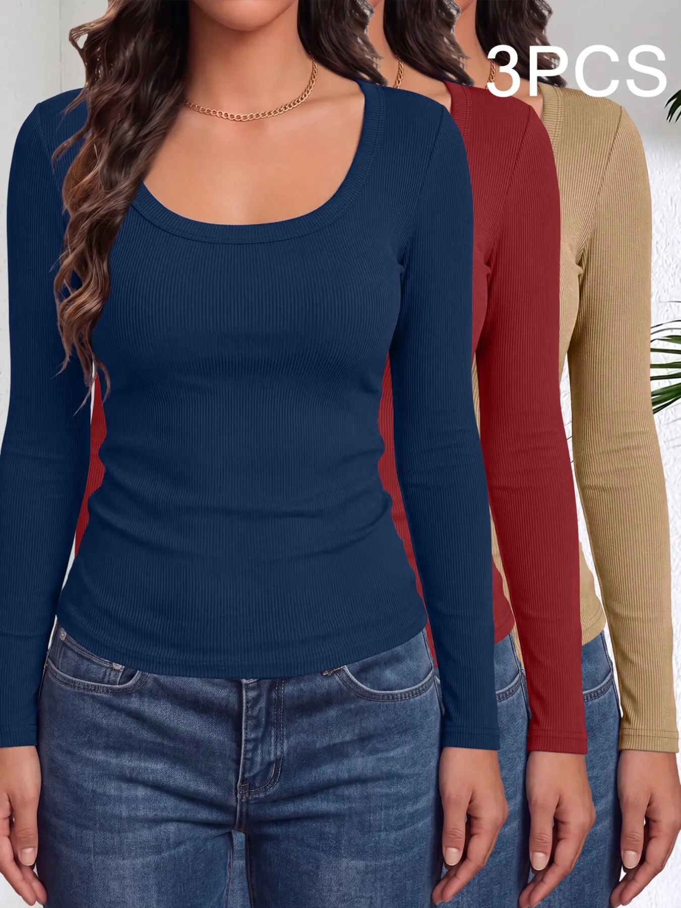 3-Pack Women's U-Neck Ribbed Long Sleeve Shirts, Fitted Stretch T-Shirts, Solid Color Layering Tops, Casual All-Season Wear, Stretchy