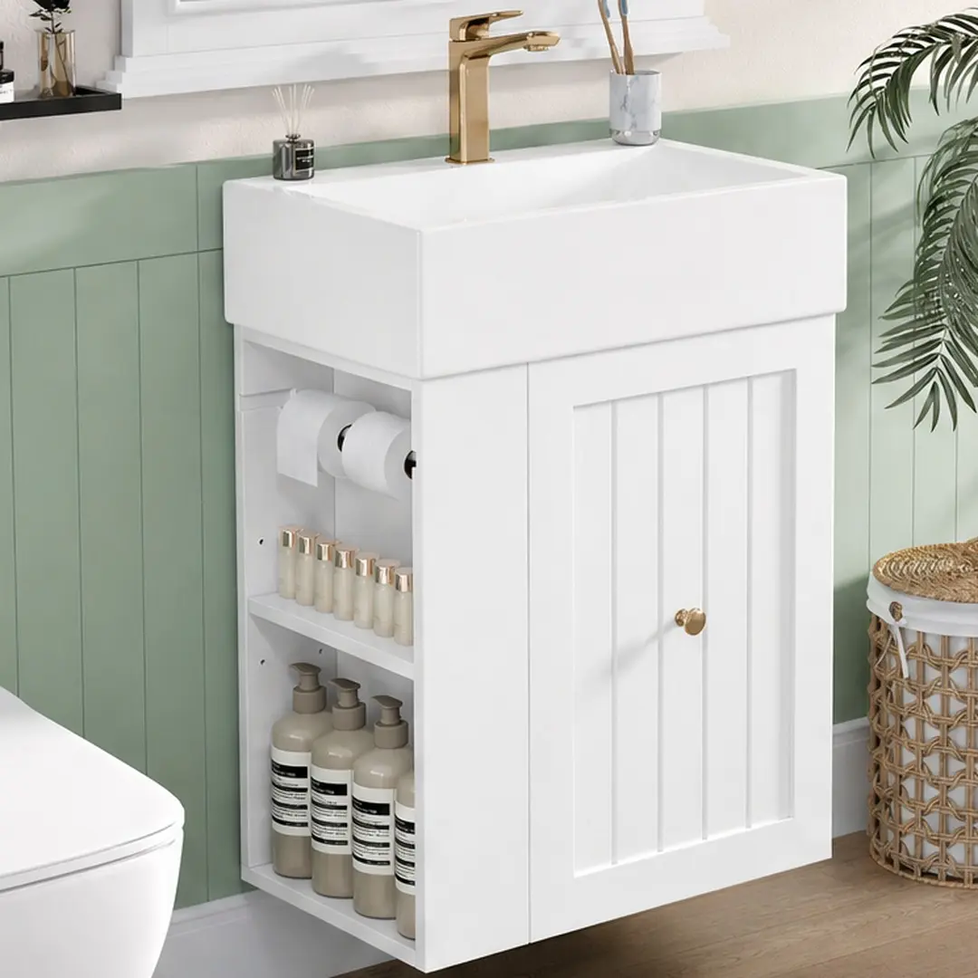 20-Inch Wall-Mount Wood-MDF Bathroom Vanity with Ceramic Sink, Storage Cabinet, Drawer, Side Shelf, Elegant Golden Handle, Compact Design, 56.44 lb, Assembly Required for Small Spaces, Under Sink Organization