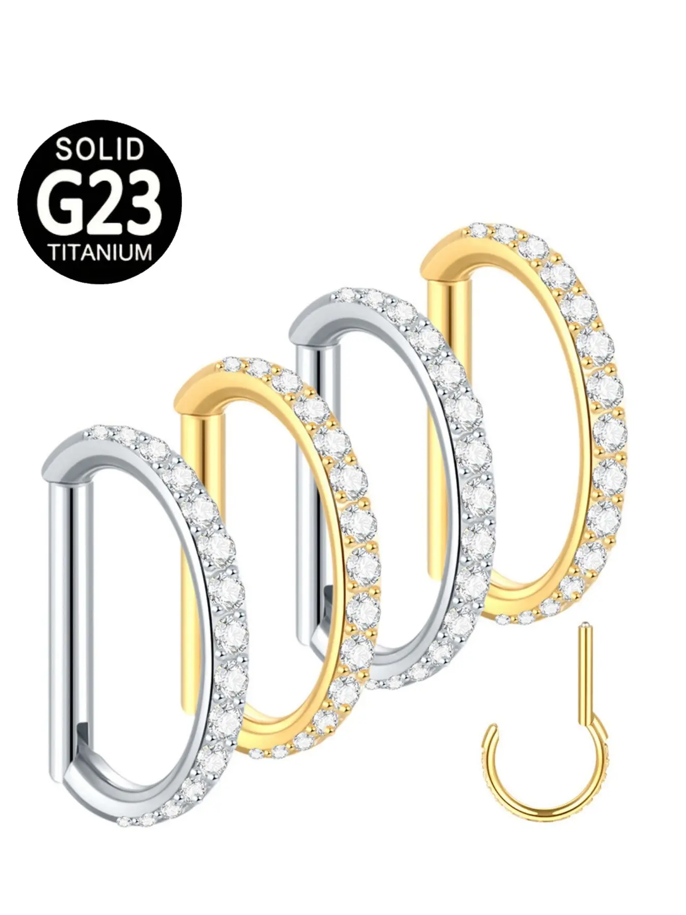 Titanium Clicker Ring in D Shape Style and Zirconia, Conch Piercing Hoop Rook Huggie Helix Nostril Clicker