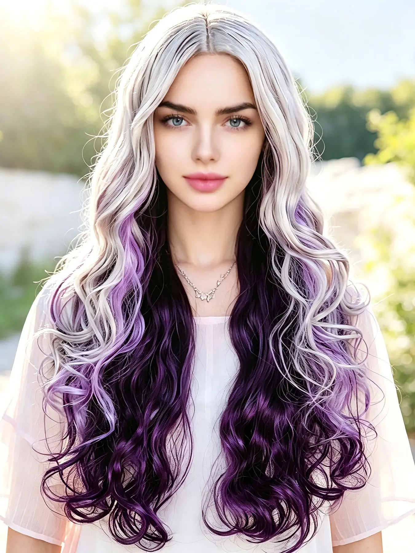 Silver Gray Ombre Purple Long Curly Wig for Women, Middle Part Natural Looking Long Wavy Heat Resistant Fiber Synthetic for Halloween Daily Party Cosplay Wear