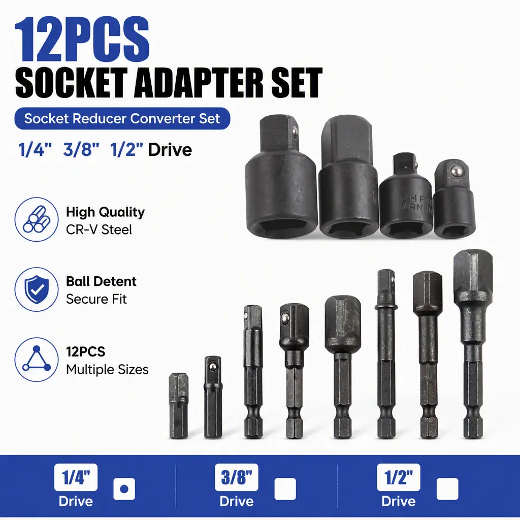 Hex Shank Socket Adapter 12Pcs Set, 1/4" 3/8" 1/2" Drive Ball Lock Extension Convertor for Impact Wrench