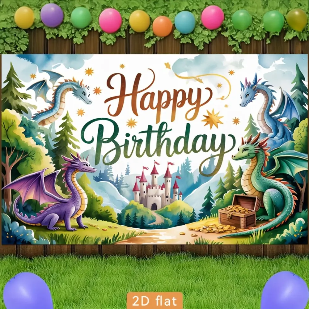 2D Flat Banner HD Digitally Printed Polyester Backdrop Sheet - Dragon Castle Theme Happy Birthday Pattern, Soft Lightweight Foldable, Indoor Use for Birthday Parties, Portrait Photos